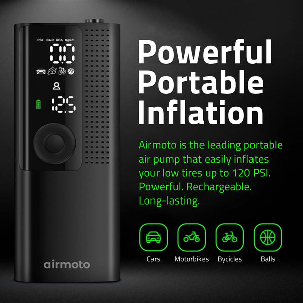 Airmoto Tire Inflator Portable Air Compressor - Air Pump for Car Tires with Tire Pressure Gauge - One Click Smart Pump Tire Inflator for Car, Motorcycle, Bicycle and More