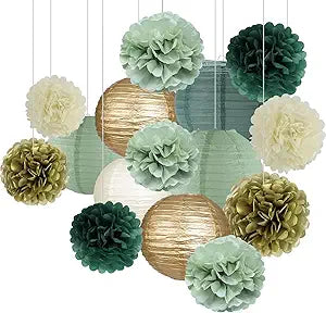 Sage Green Party Decorations, Sage Green Paper Lanterns and Pom Poms Flowers