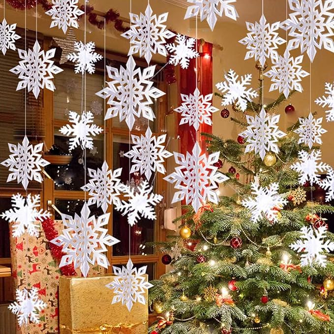 12PCS Snowflakes Garland & 12PCS 3D Glittery Large White Snowflake for Christmas Winter Wonderland Holiday New Year Party Home Decorations