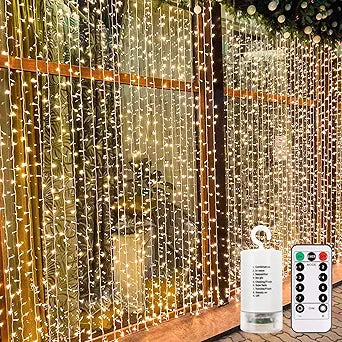 300 LED Curtain Lights Battery Operated, 9.8ft×9.8ft Hanging Lights with Remote Timer Fairy Curtain Lights