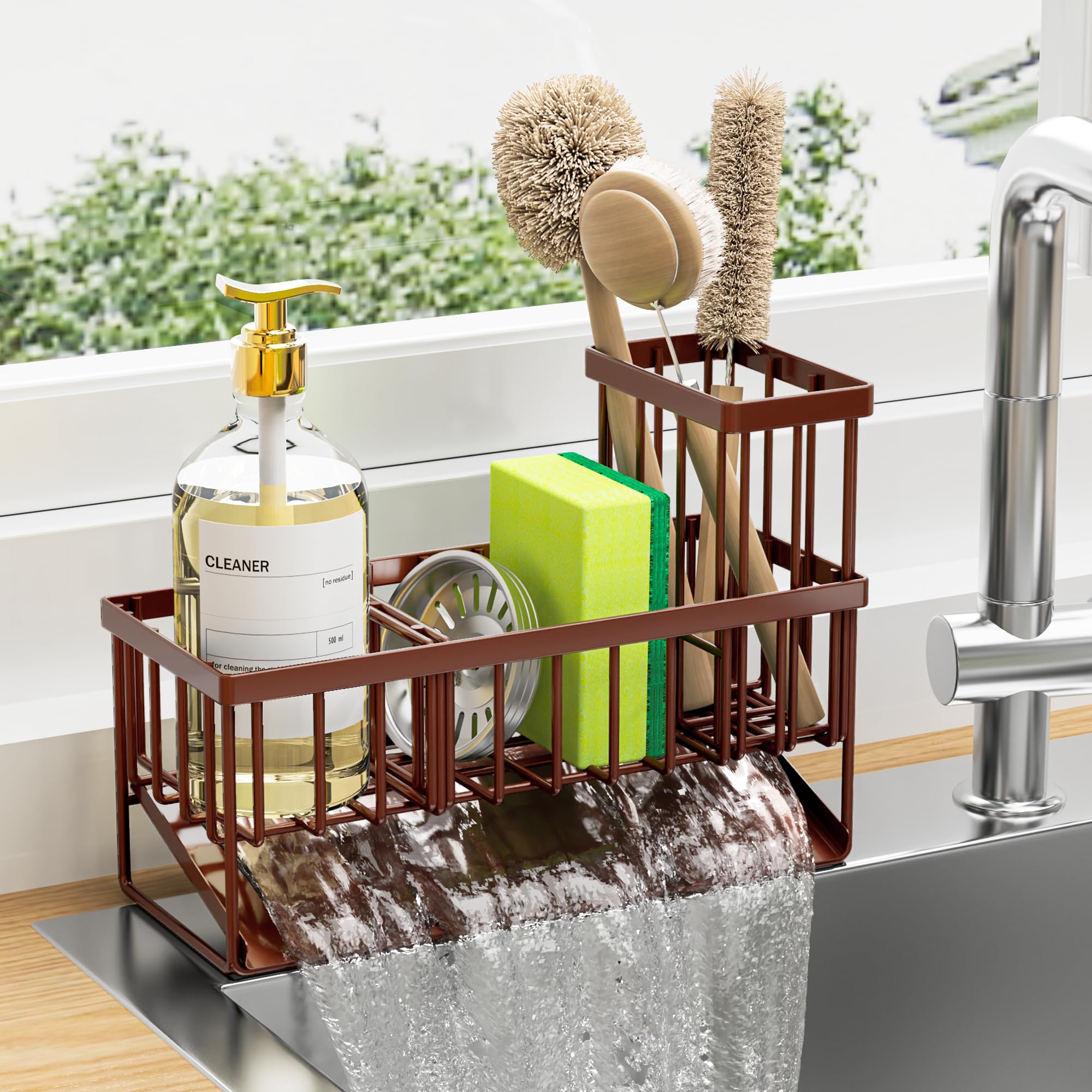 Cisily Kitchen Sink Caddy, Sponge Holder for Kitchen Sink, Kitchen Sink Organzier and Storage with High Brush Holder, Rustproof 304 Stainless Kitchen Gadgets Sink Accessories, Organizadores de Cocina