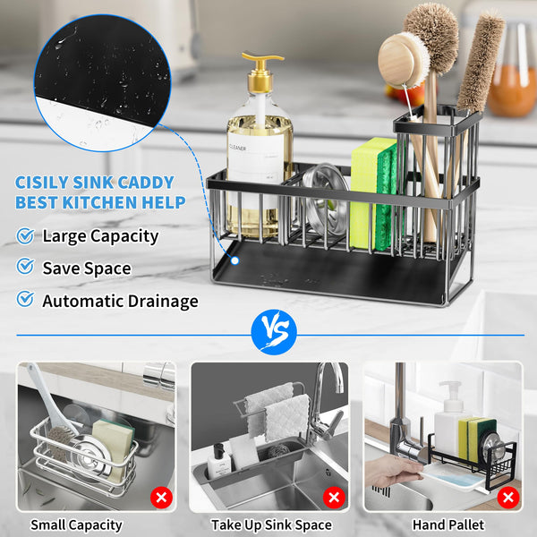 Cisily Kitchen Sink Caddy, Sponge Holder for Kitchen Sink, Kitchen Sink Organzier and Storage with High Brush Holder, Rustproof 304 Stainless Kitchen Gadgets Sink Accessories, Organizadores de Cocina