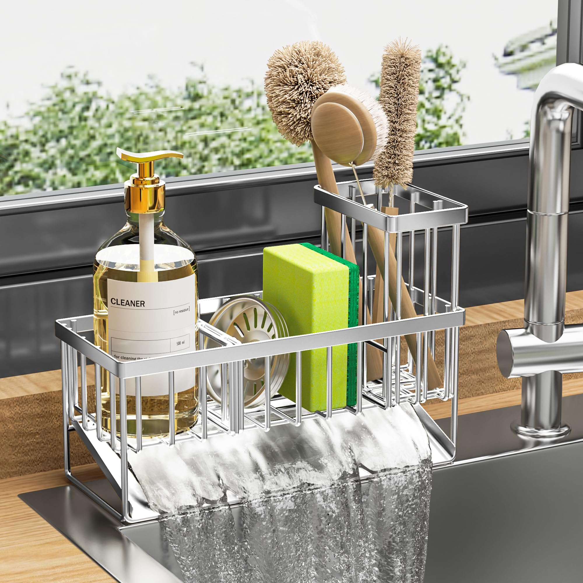 Cisily Kitchen Sink Caddy, Sponge Holder for Kitchen Sink, Kitchen Sink Organzier and Storage with High Brush Holder, Rustproof 304 Stainless Kitchen Gadgets Sink Accessories, Organizadores de Cocina