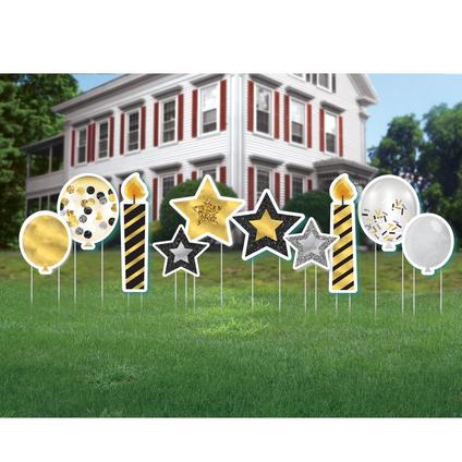 Black & Gold Birthday Icon Corrugated Plastic Yard Sign Set, 10pc